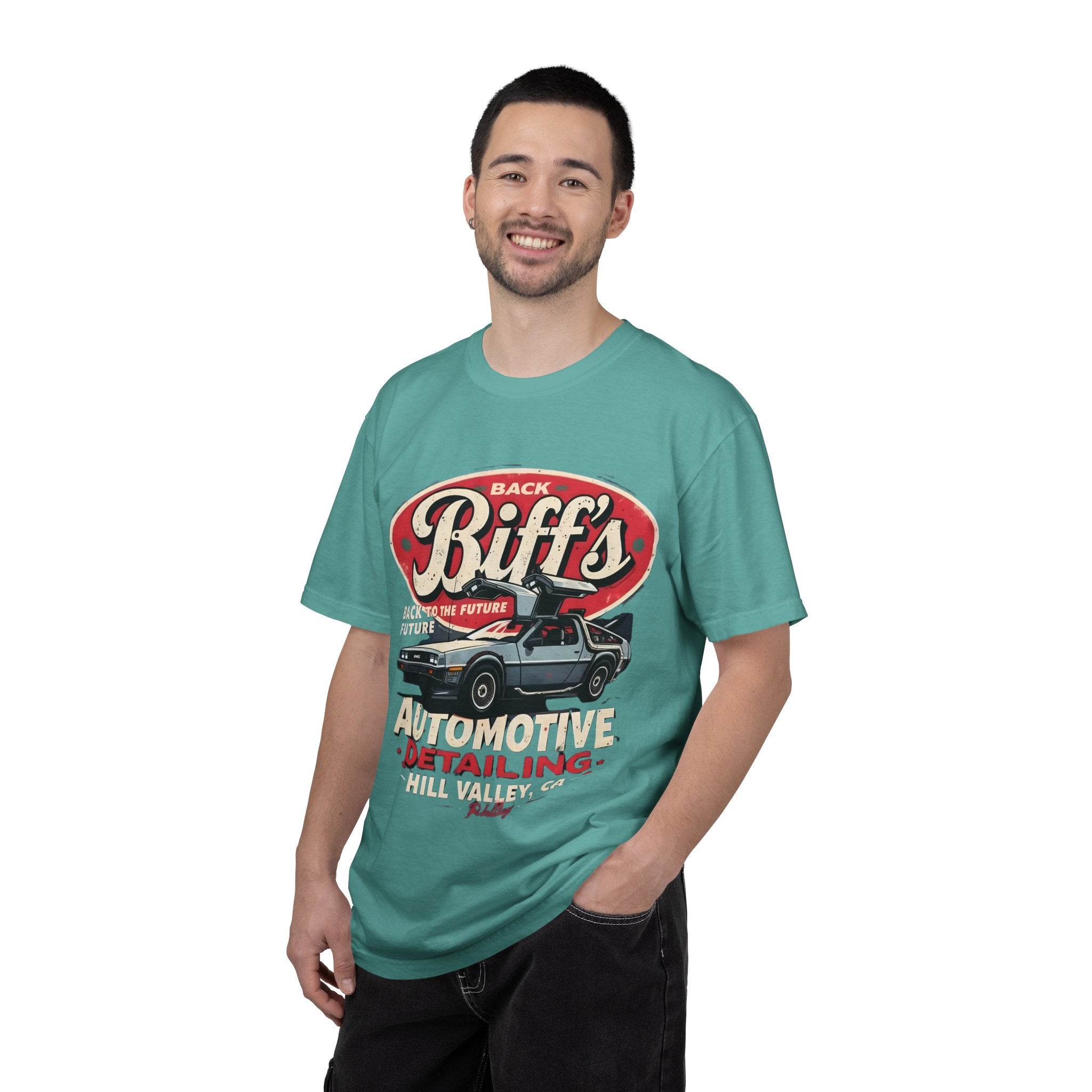 Biff's Automotive Detailing T-Shirt — Back to the Future DeLorean Graphic - Creations by Chris and Carlos