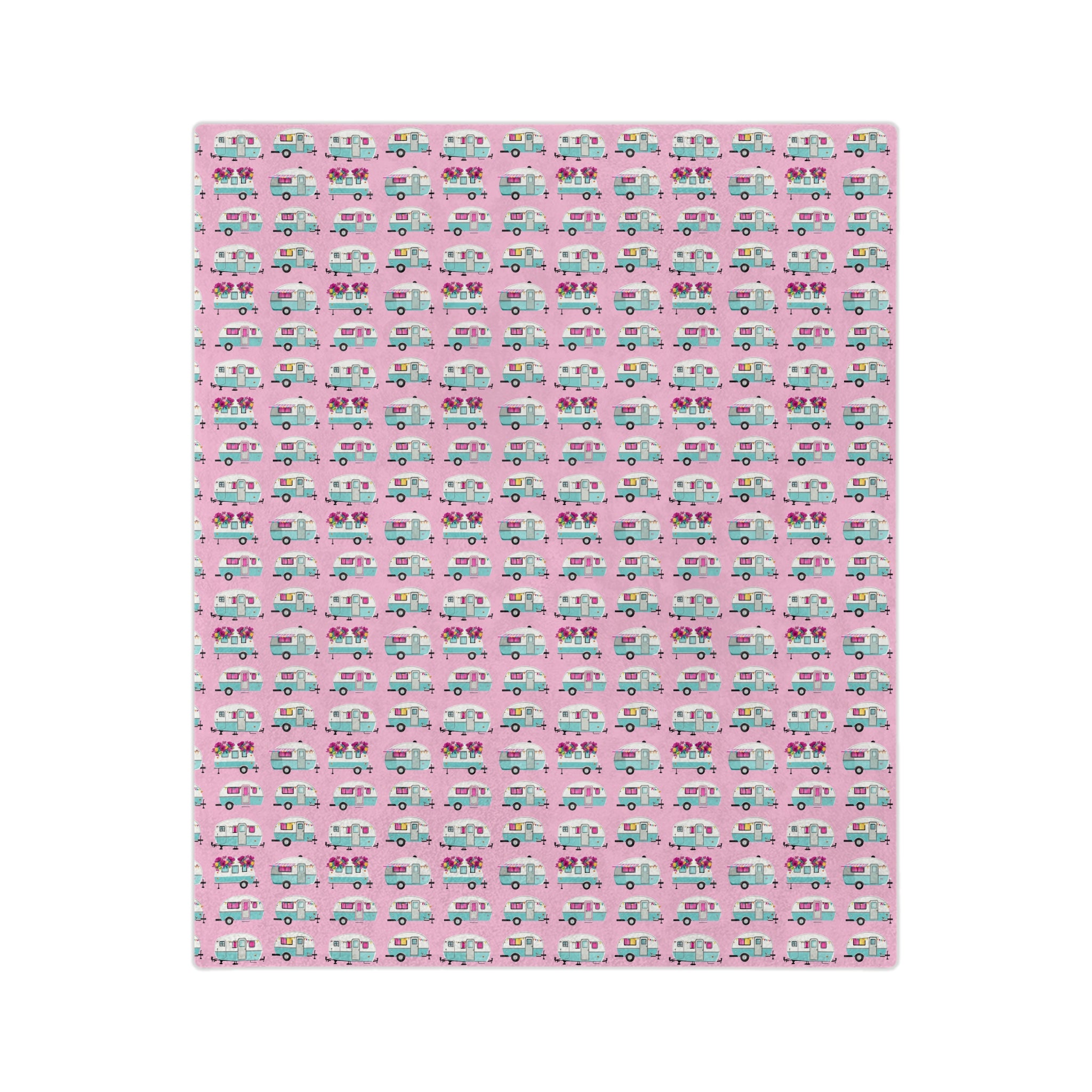The Sugar Shack- Pink Retro Camper Velveteen Microfiber Blanket Cute Travel Van Pattern Throw - Creations by Chris and Carlos