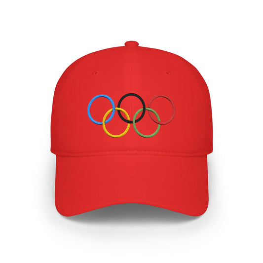 Olympic Rings Embroidered Baseball Cap — Red Low Profile Sport Hat - Creations by Chris and Carlos