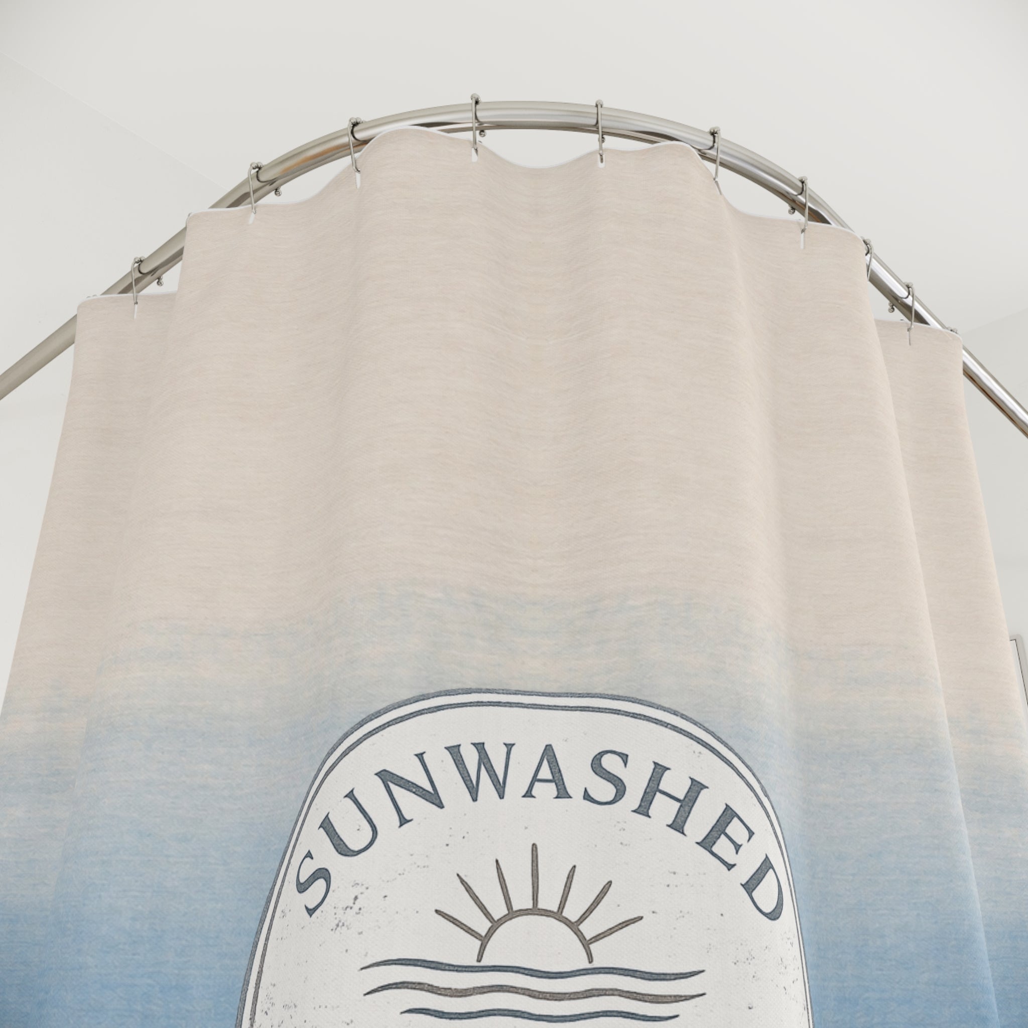 Coastal Sunwashed Shower Curtain — Ombre Blue Beach Vibe, 'Sunwashed Coast' Seal - Creations by Chris and Carlos