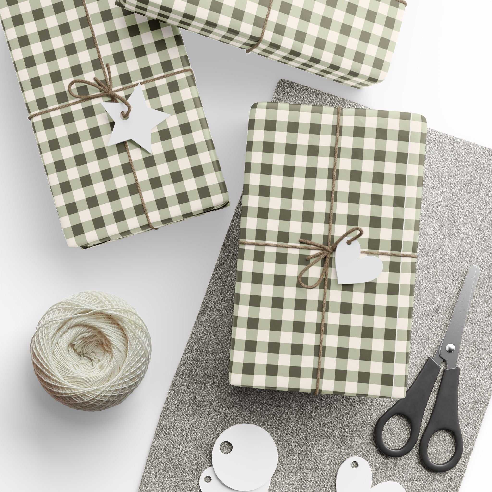 Gingham Plaid Wrapping Paper Roll — Neutral Green Check Holiday Gift Wrap - Creations by Chris and Carlos