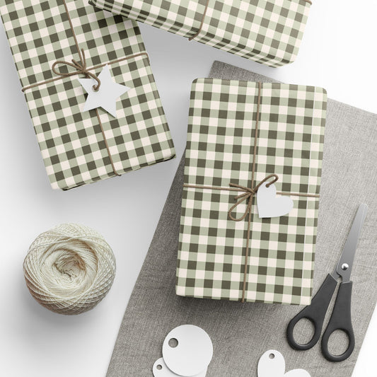 Gingham Plaid Wrapping Paper Roll — Neutral Green Check Holiday Gift Wrap - Creations by Chris and Carlos
