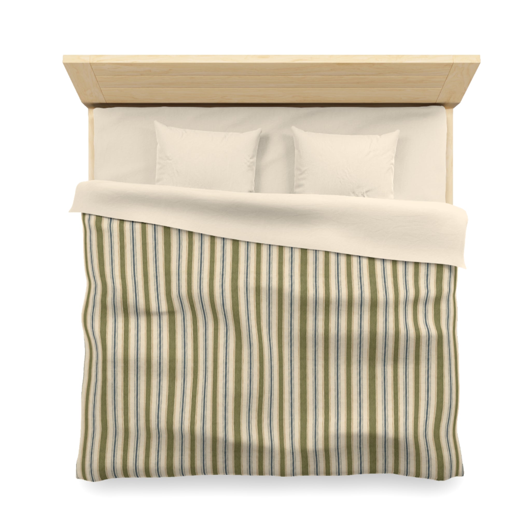 Striped Microfiber Duvet Cover — Soft Neutral Olive & Beige Vertical Stripe Bedding - Creations by Chris and Carlos