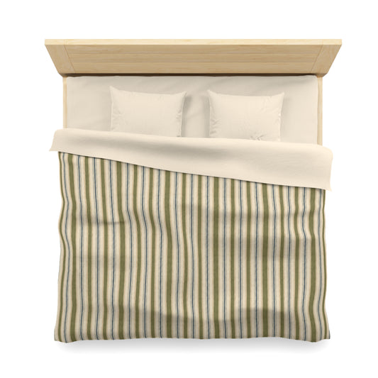 Striped Microfiber Duvet Cover — Soft Neutral Olive & Beige Vertical Stripe Bedding - Creations by Chris and Carlos