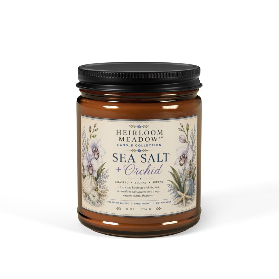 Heirloom Meadow™- Sea Salt & Orchid Scented Candle Amber Jar Soy Candle