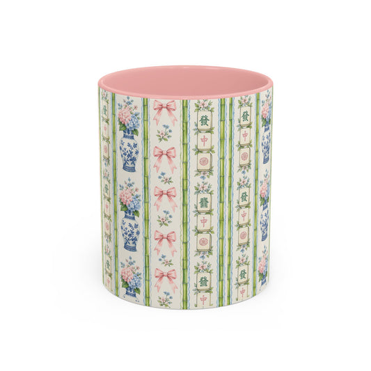 Vintage Floral Stripe Coffee Mug — Pink Accent & Bow Pattern (11/15 oz) - Creations by Chris and Carlos