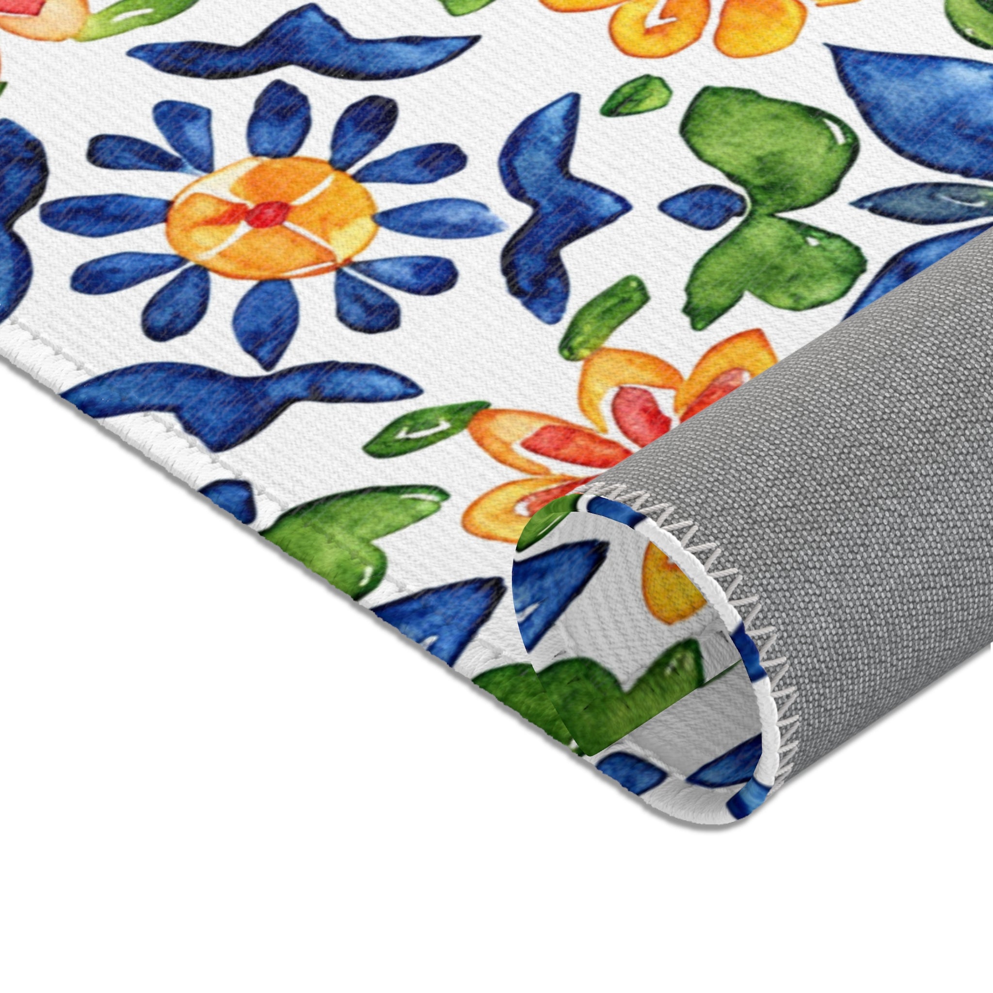 Sol y Alegría (Sun and Joy) Collection- Mediterranean Floral Area Rug — Colorful Blue & Yellow Tile Pattern - Creations by Chris and Carlos