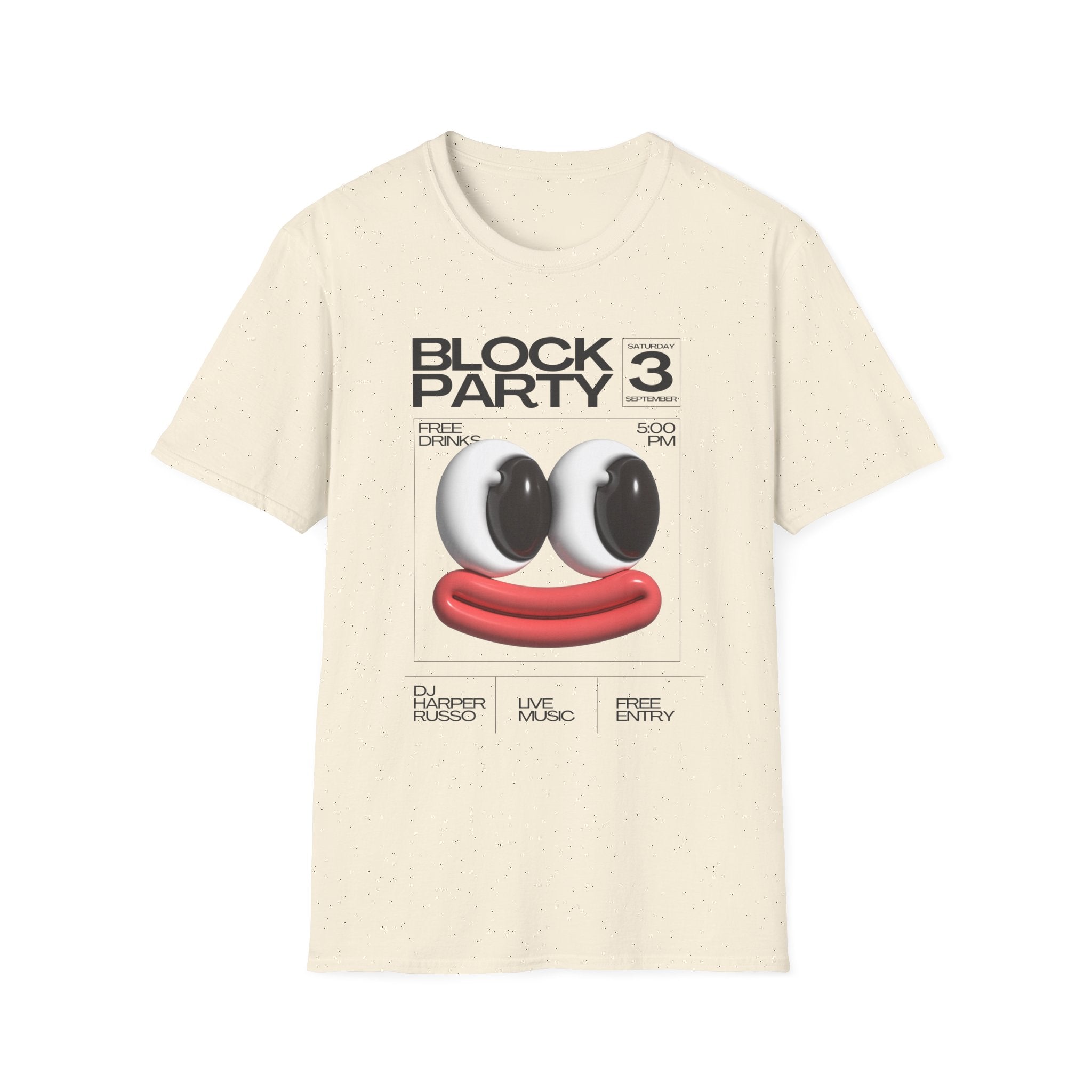 Block Party 3 Graphic Tee — 3D Smile Face Music Festival T-Shirt - Creations by Chris and Carlos