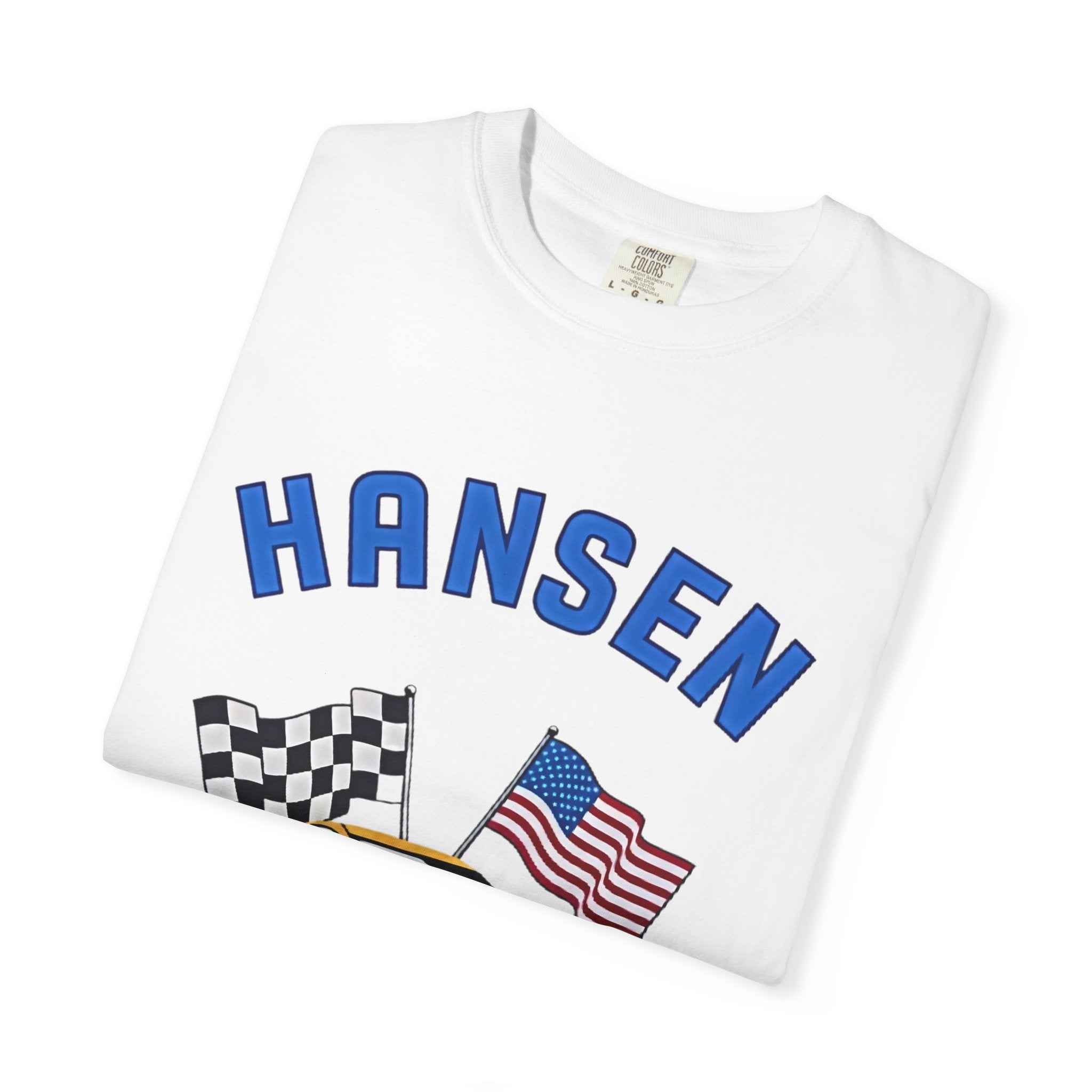 The Pitt TV Show Pit Crew Racing T‑Shirt — 'Hansen' Sports Car with Checkered Flag & American Flag - Creations by Chris and Carlos
