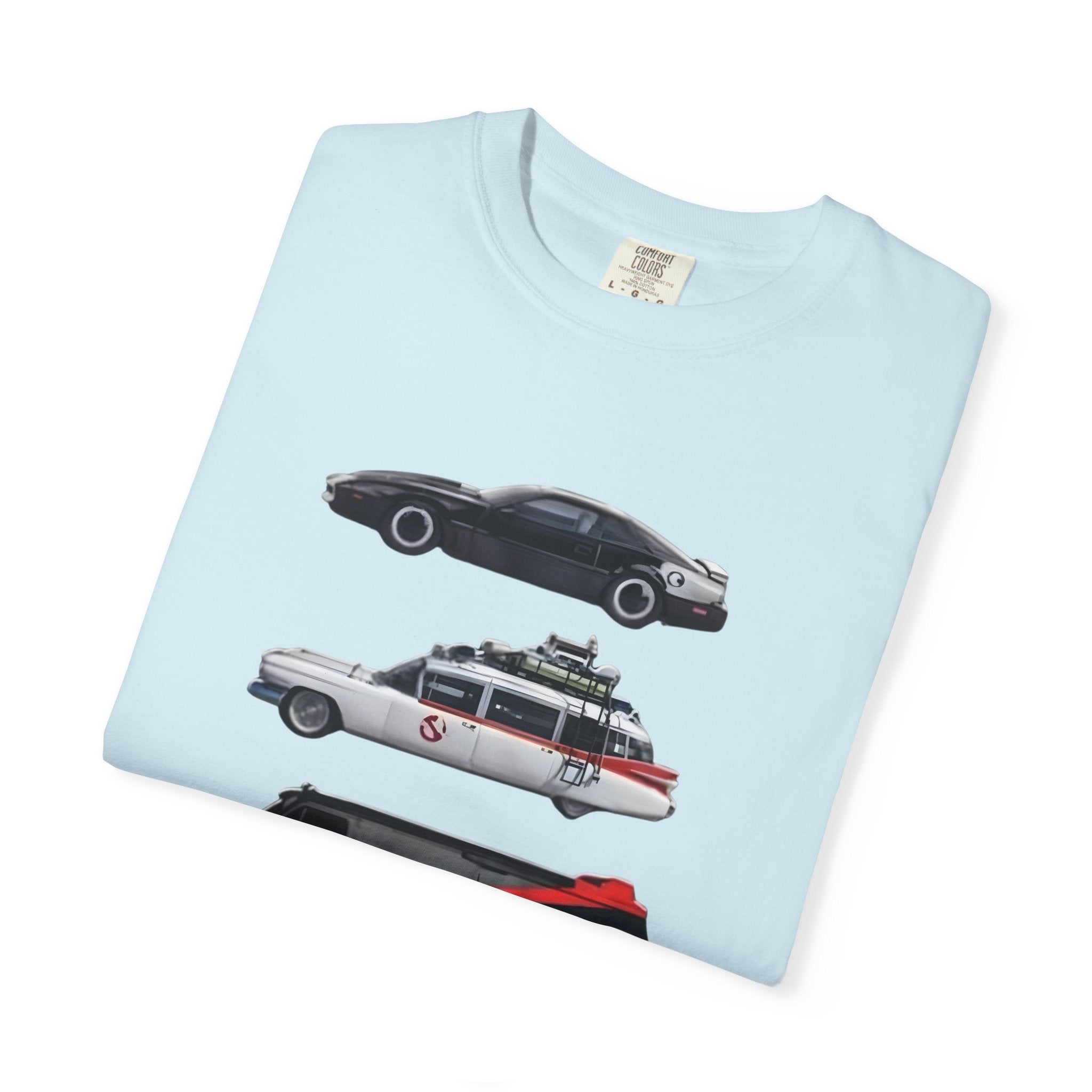 Classic TV Movie Car Stack T-Shirt — KITT, Ghostbusters, A-Team & DeLorean Tribute - Creations by Chris and Carlos