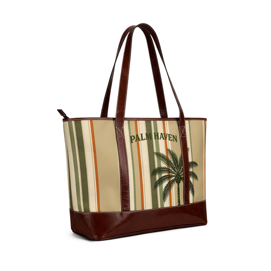 Palm Haven Tote Bag — Retro Striped Palm Beach Handbag - Creations by Chris and Carlos