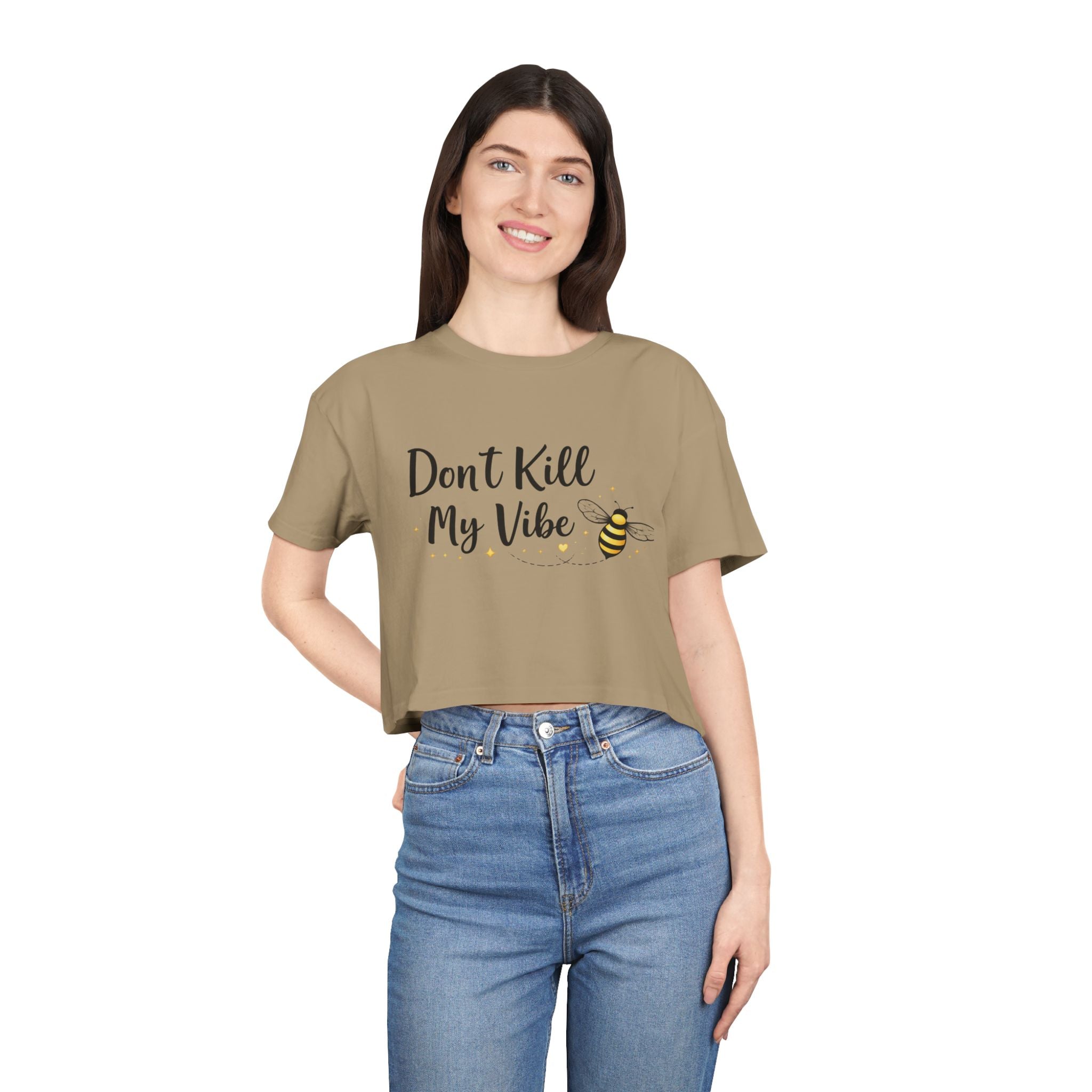 Crop Tee - "Don’t Kill My Vibe" Bee Graphic Women's Crop Top - Creations by Chris and Carlos