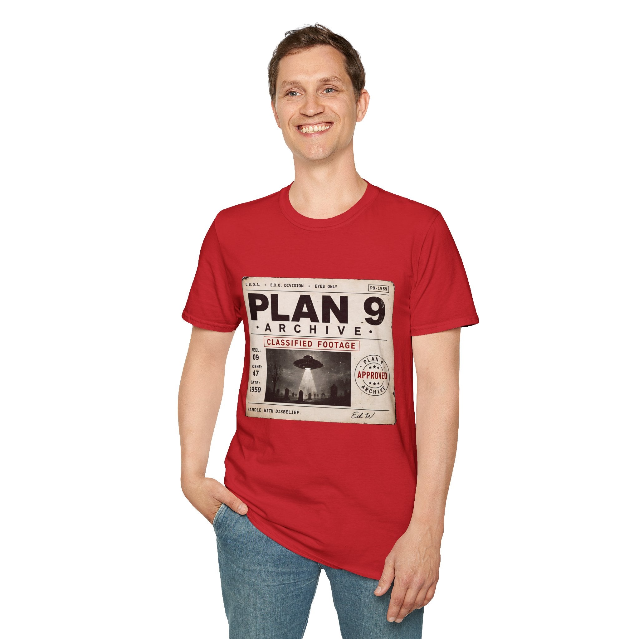 Plan 9 Archive UFO T-Shirt — Retro 'Classified Footage' Alien Badge Tee - Creations by Chris and Carlos