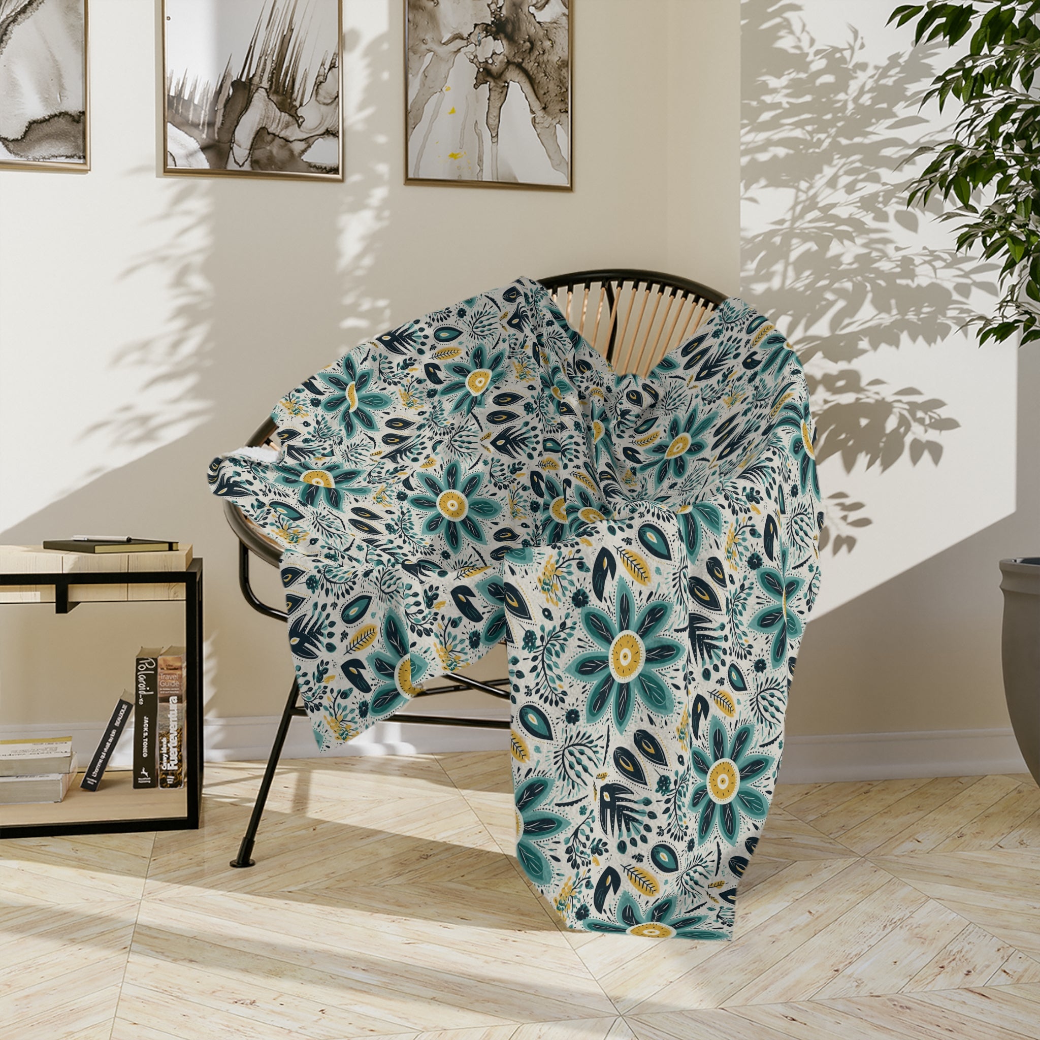Sol y Alegría (Sun and Joy) Collection-Floral Teal Velvet Microfiber Blanket Boho Flower Pattern Throw - Creations by Chris and Carlos