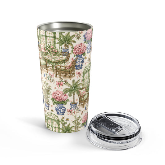 20oz Floral Garden Tumbler – Chinoiserie Hydrangea Patio Insulated Cup - Creations by Chris and Carlos
