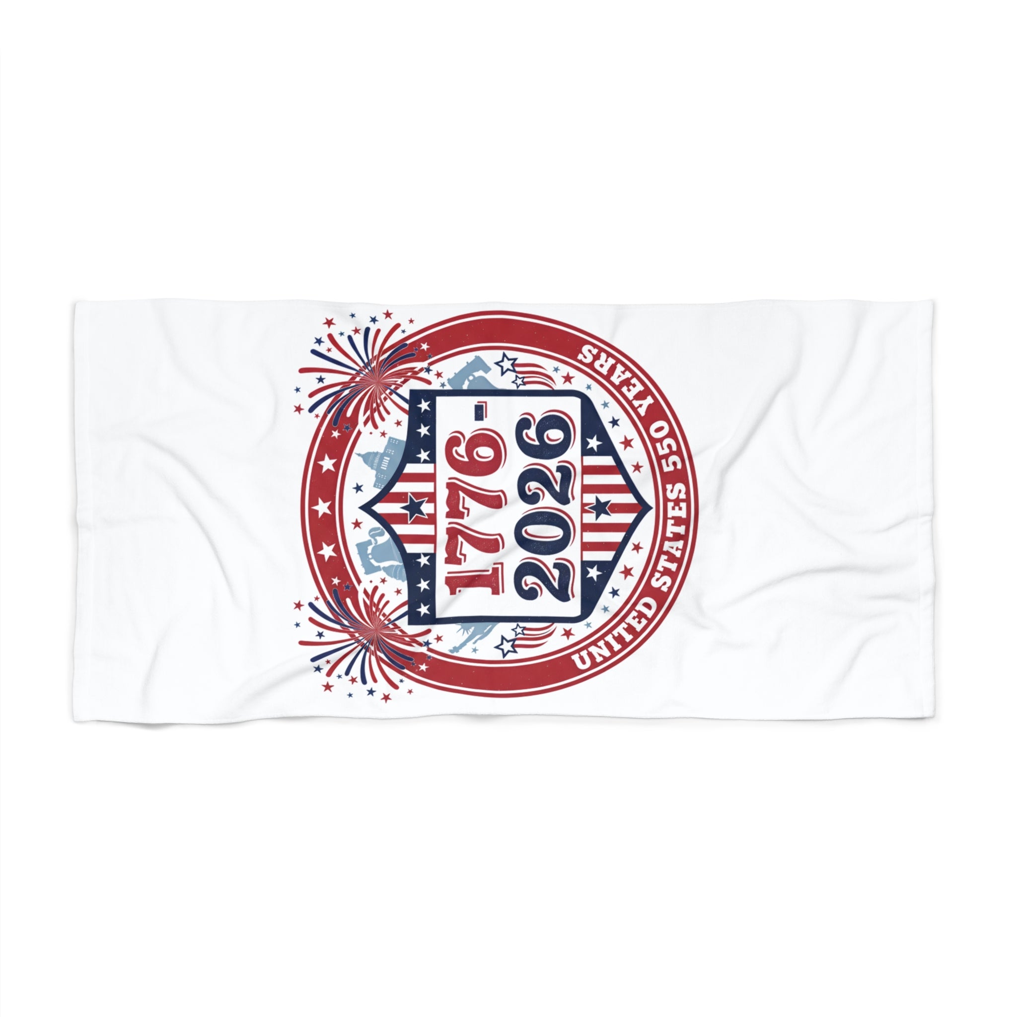 1776–2026 Patriotic Beach Towel – USA 250th Anniversary Flag Fireworks Design - Creations by Chris and Carlos