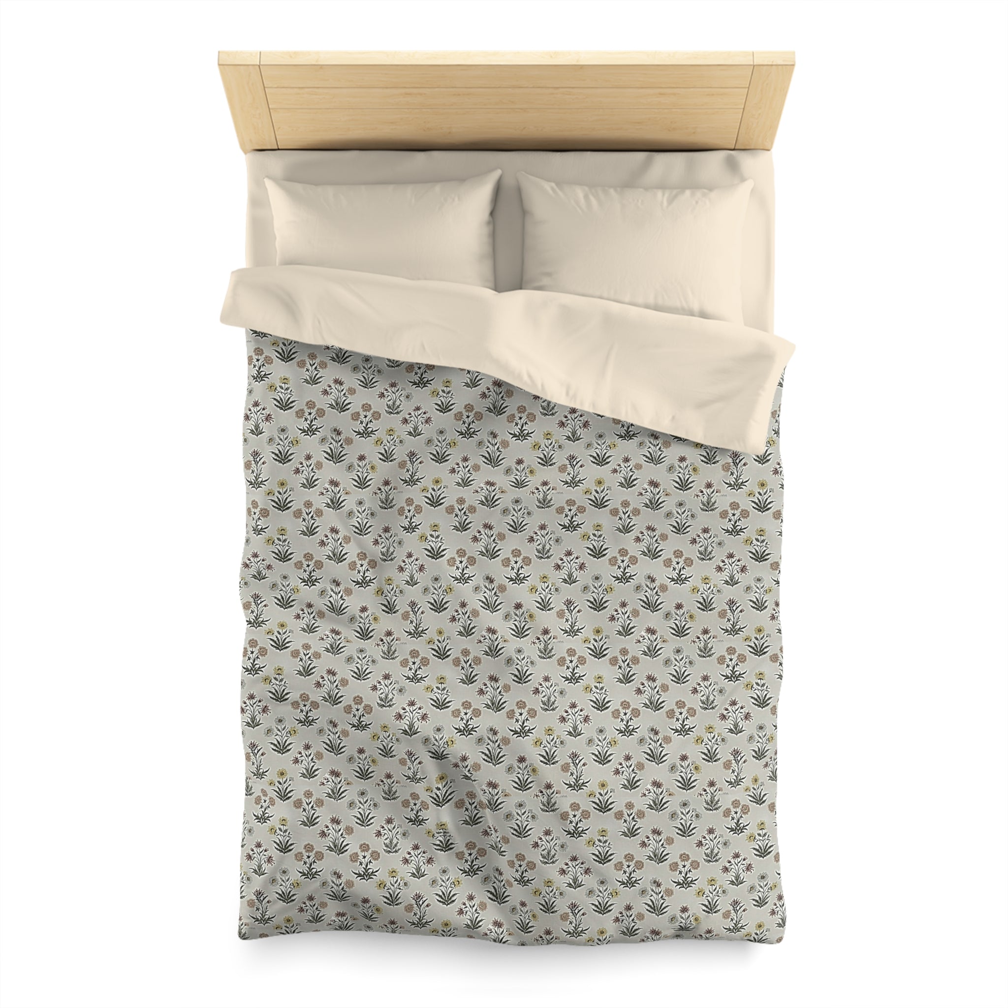Floral Folk Pattern Duvet Cover — Neutral Microfiber Bedding - Creations by Chris and Carlos