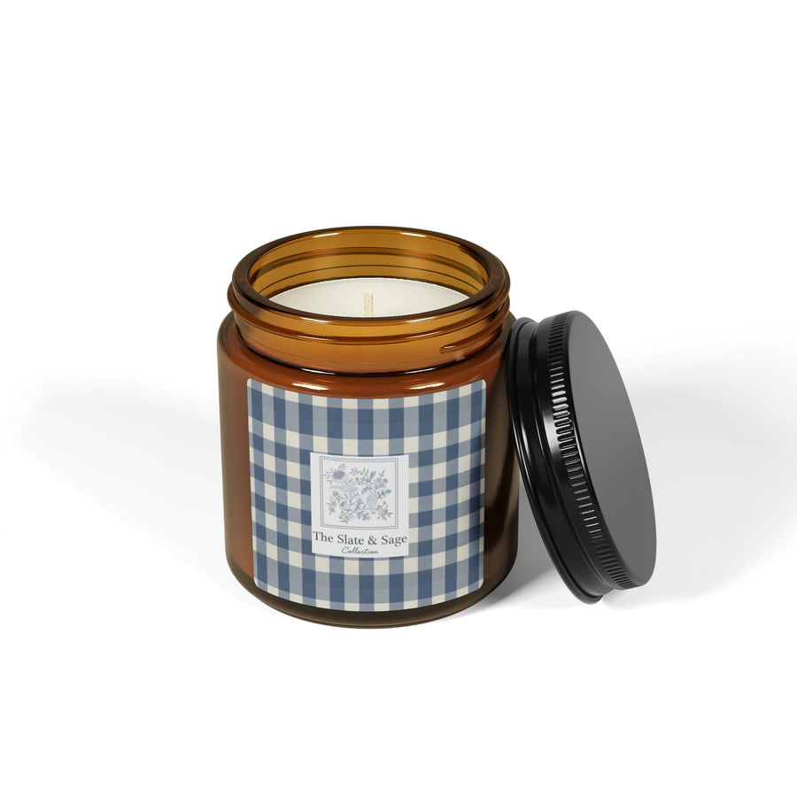 The Slate & Sage Collection- Gingham Amber Soy Candle — Rustic Scented Jar (Multi-Size) - Creations by Chris and Carlos