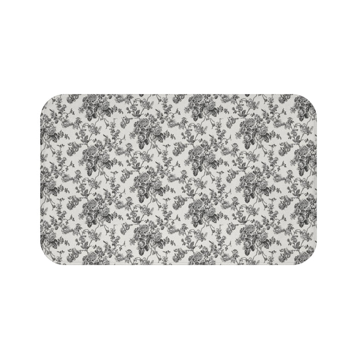 English Ivy & Rose Floral Toile Bath Mat — Vintage Black & White Bathroom Rug