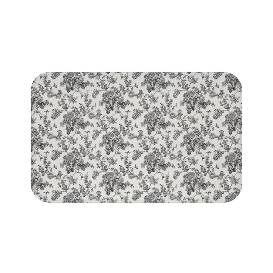 English Ivy & Rose Floral Toile Bath Mat — Vintage Black & White Bathroom Rug