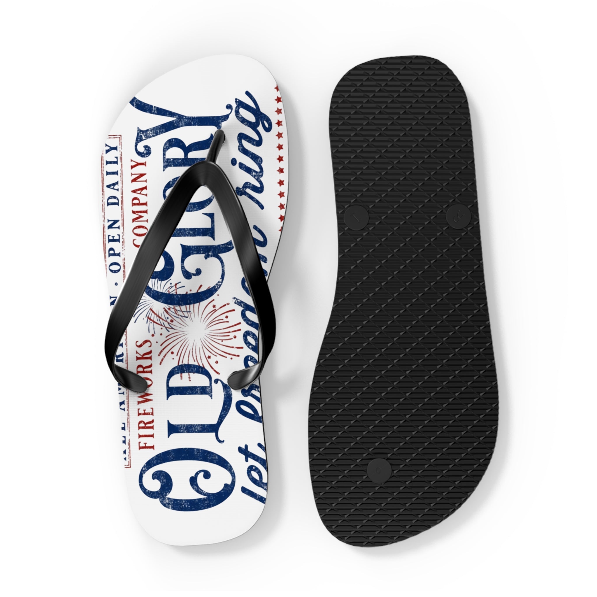 Patriotic 'Glory' Flip Flops – Red White & Blue Fireworks Beach Sandals - Creations by Chris and Carlos