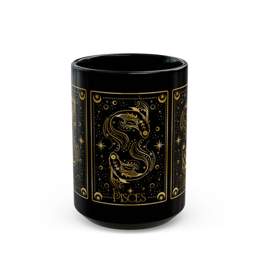Pisces Zodiac Black Mug — Gold Astrological Fish Coffee Cup (11oz, 15oz) - Creations by Chris and Carlos