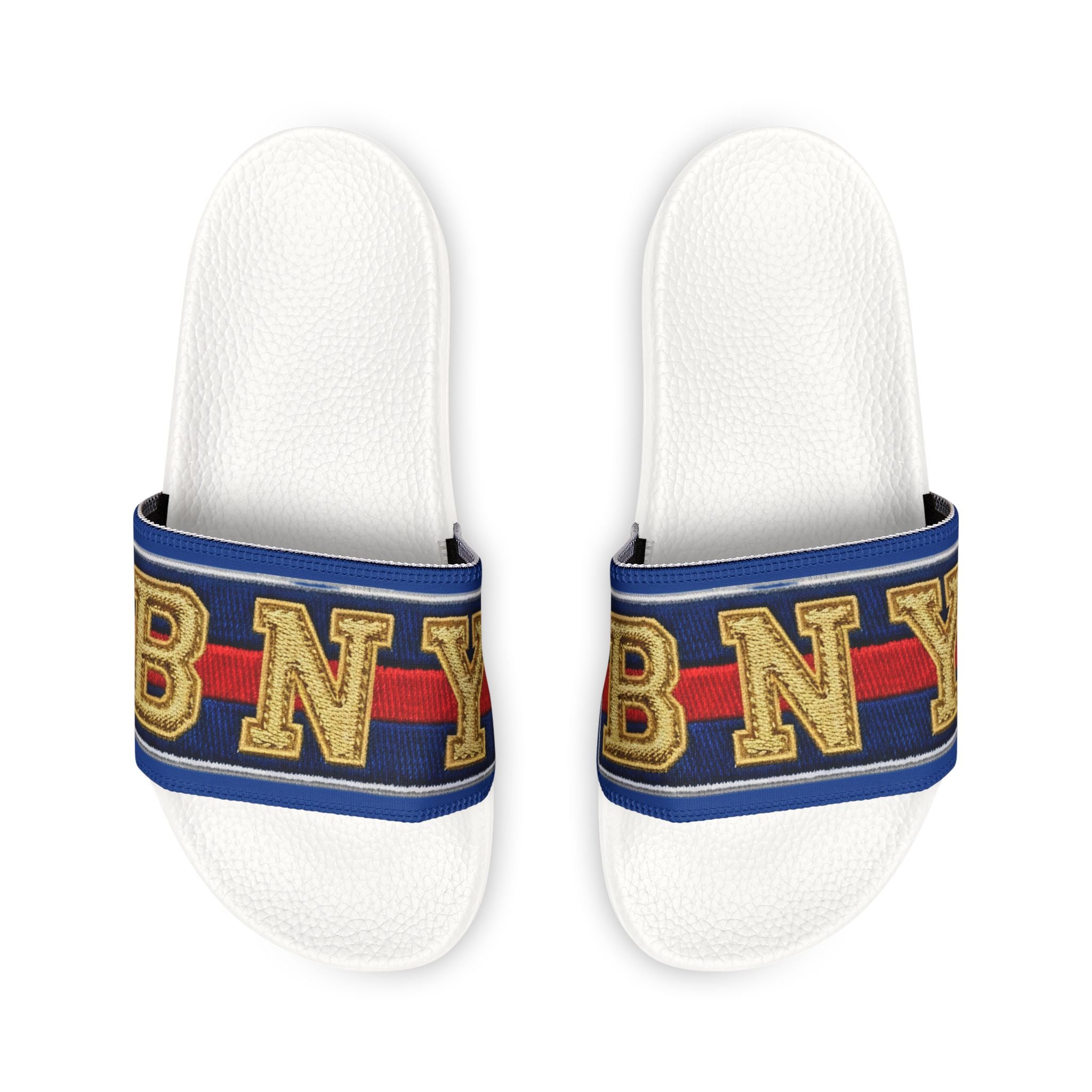 Men's Slide Sandals — BNY Bunny Inspired Retro Lettering Navy & Red Strap - Creations by Chris and Carlos
