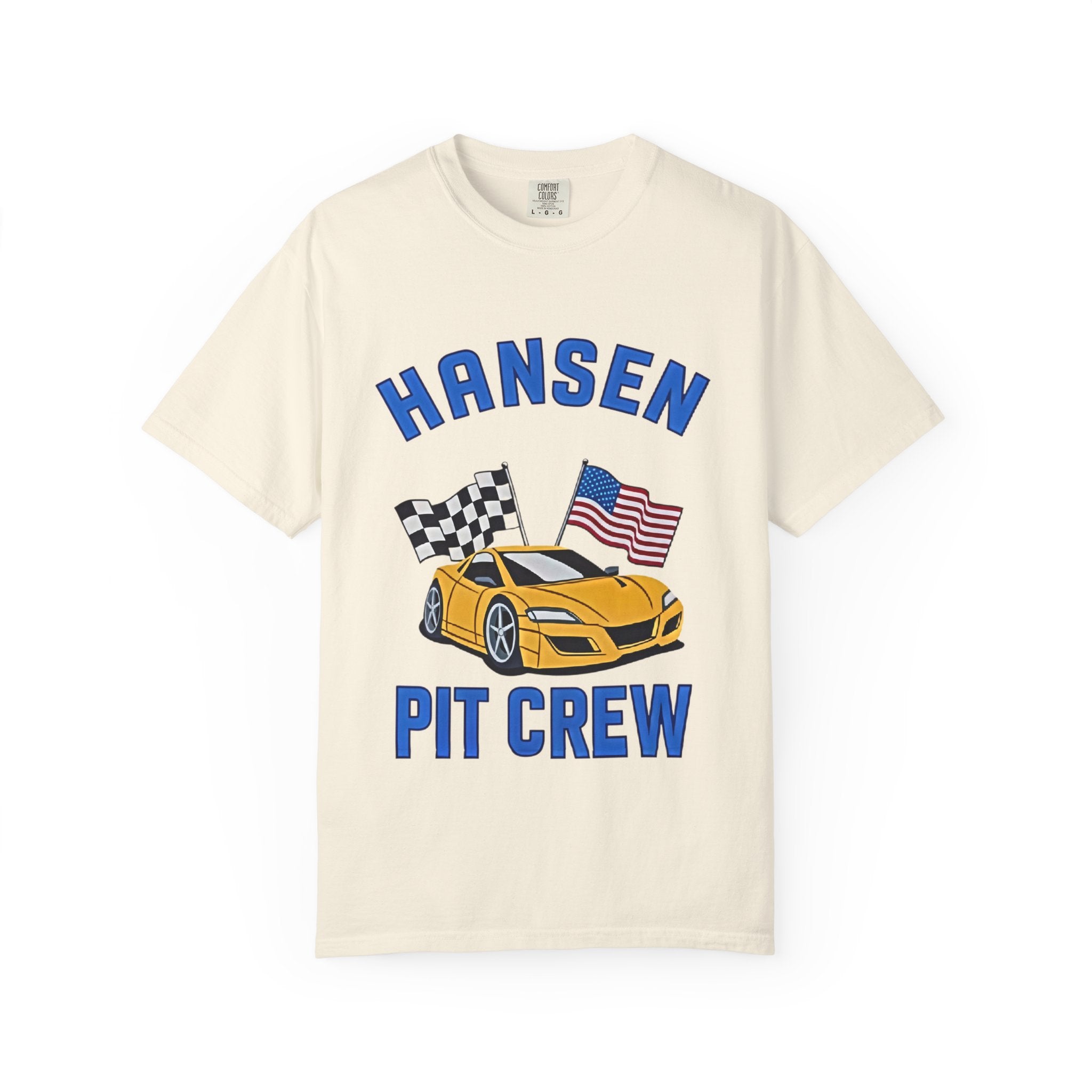 The Pitt TV Show Pit Crew Racing T‑Shirt — 'Hansen' Sports Car with Checkered Flag & American Flag - Creations by Chris and Carlos