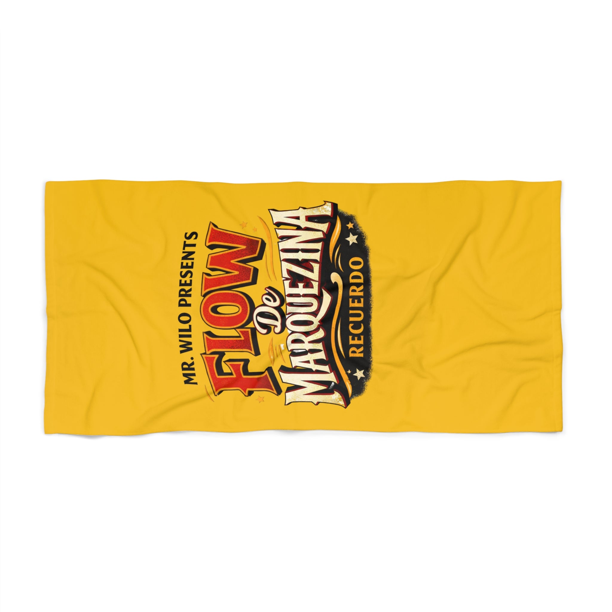 Beach Towel - Flow de Marquezina Recuerdo Vintage Logo (Yellow) - Creations by Chris and Carlos