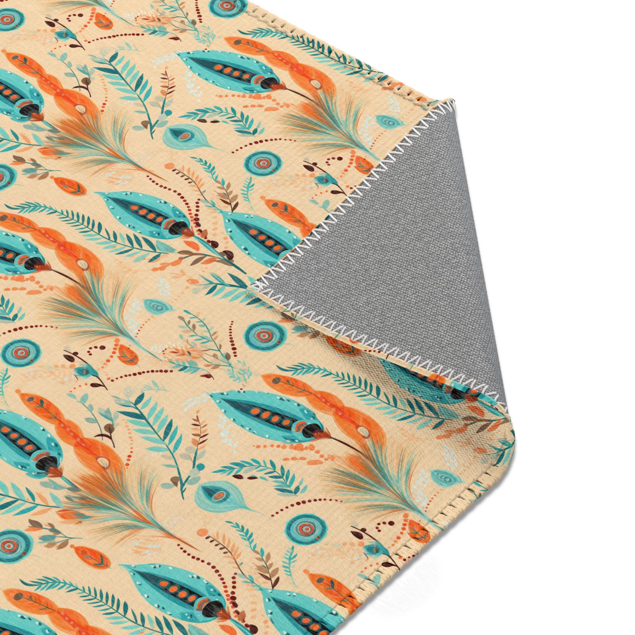 Sol y Alegría (Sun and Joy) Collection- Boho Feather Pattern Area Rug — Turquoise & Coral Accent Rug - Creations by Chris and Carlos