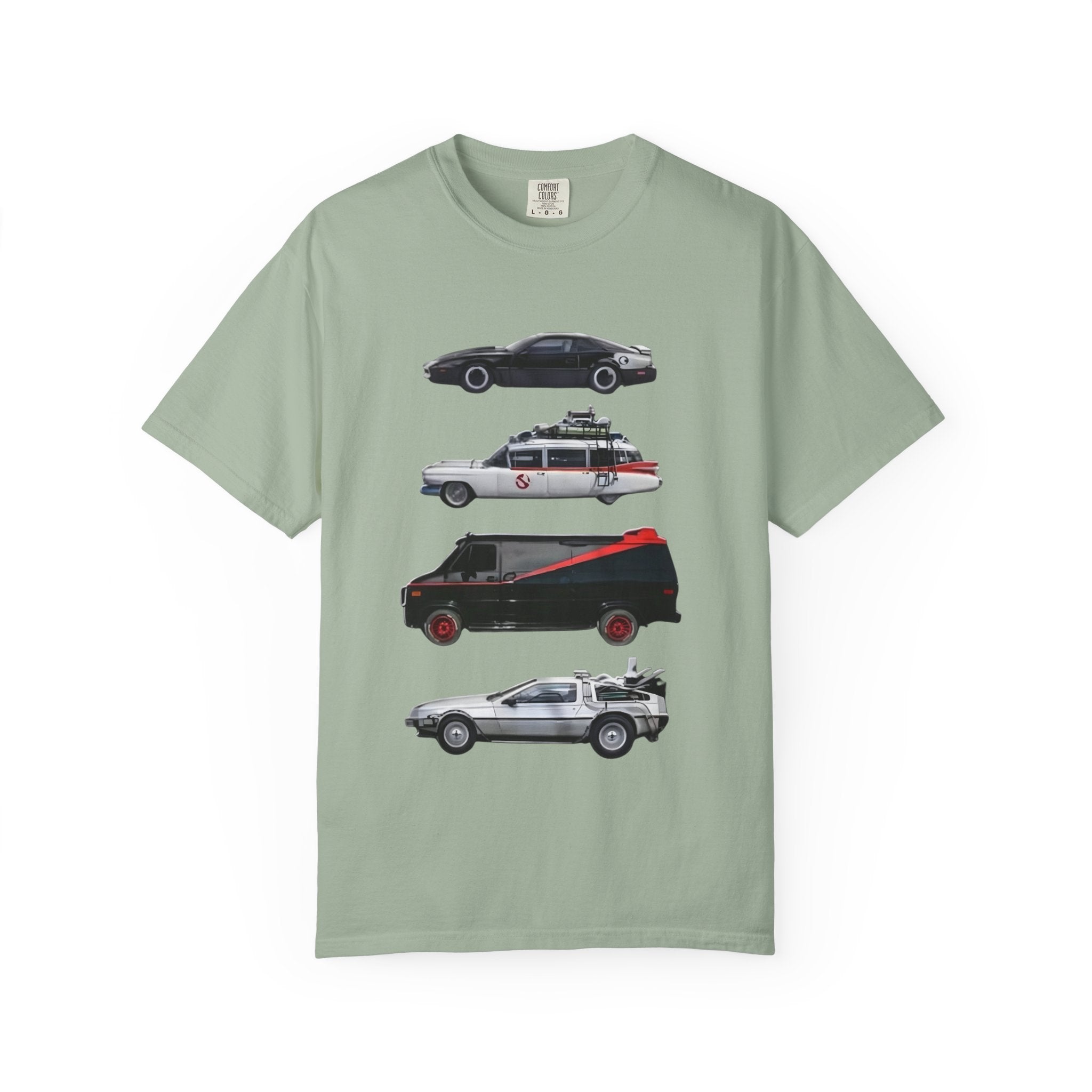 Classic TV Movie Car Stack T-Shirt — KITT, Ghostbusters, A-Team & DeLorean Tribute - Creations by Chris and Carlos