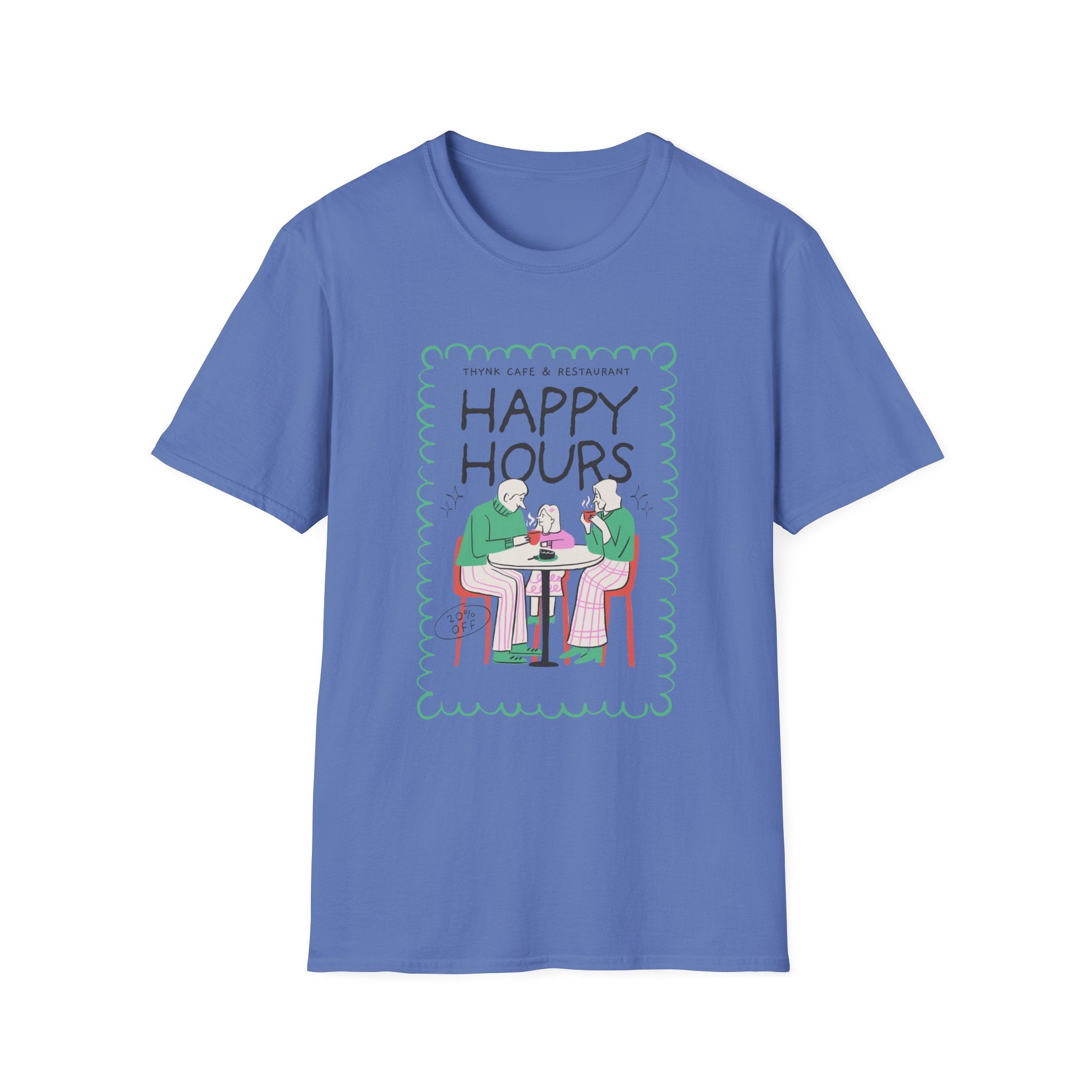 Happy Hours T-Shirt — Illustration of Friends Drinking at Cafe - Creations by Chris and Carlos