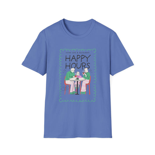 Happy Hours T-Shirt — Illustration of Friends Drinking at Cafe - Creations by Chris and Carlos