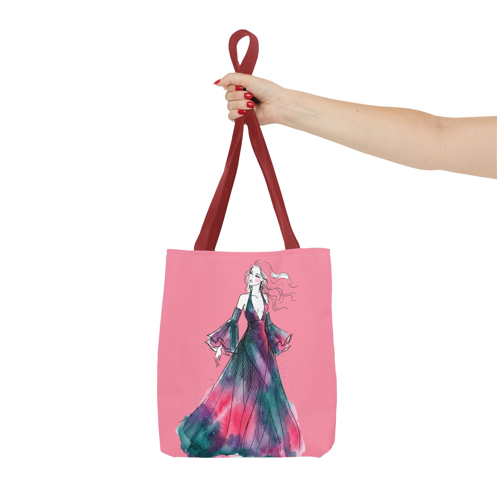 Pink Watercolor Fashion Tote Bag — Elegant Woman in Flowing Dress AOP - Creations by Chris and Carlos