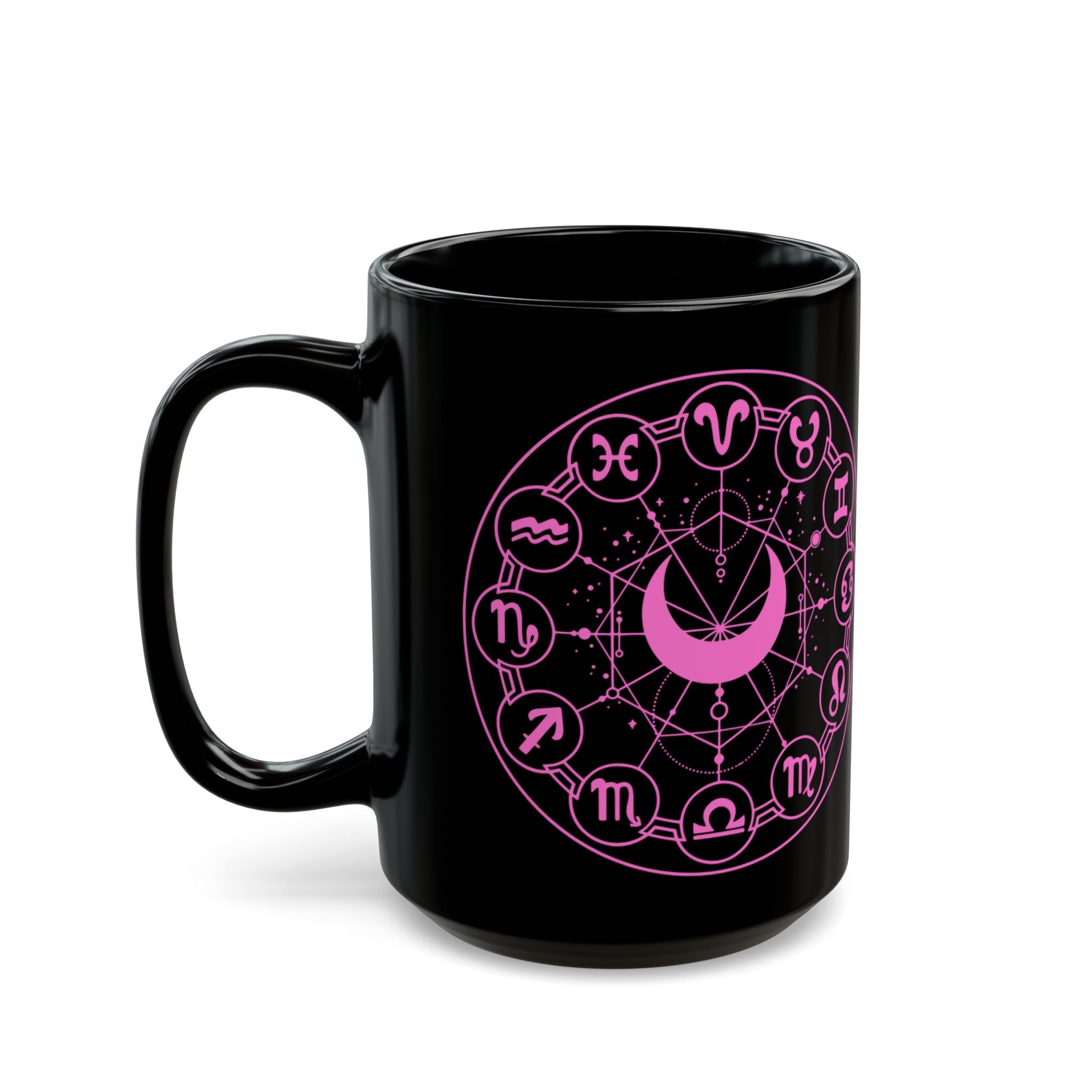 Zodiac Wheel Black Mug — Pink Astrology Symbols Coffee Cup (11oz/15oz) - Creations by Chris and Carlos