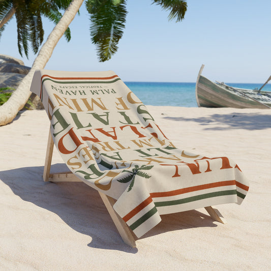 Palm Haven Vintage Typography Beach Towel — Sun, Salt Air & Island State of Mind - Creations by Chris and Carlos