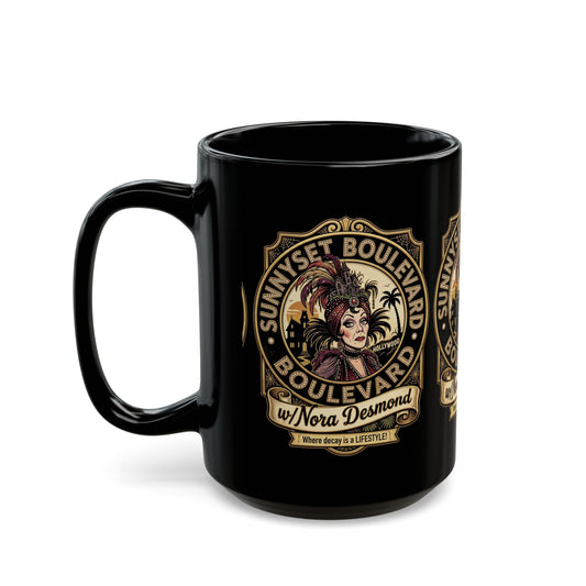 Black Mug — "Sunyset Boulevard w/ Nora Desmond" Vintage Glam Coffee Mug (11oz/15oz) - Creations by Chris and Carlos