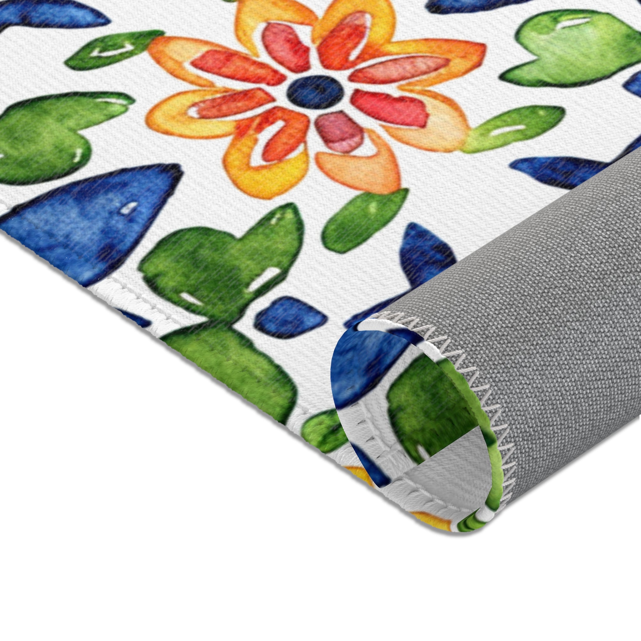 Sol y Alegría (Sun and Joy) Collection- Mediterranean Floral Area Rug — Colorful Blue & Yellow Tile Pattern - Creations by Chris and Carlos
