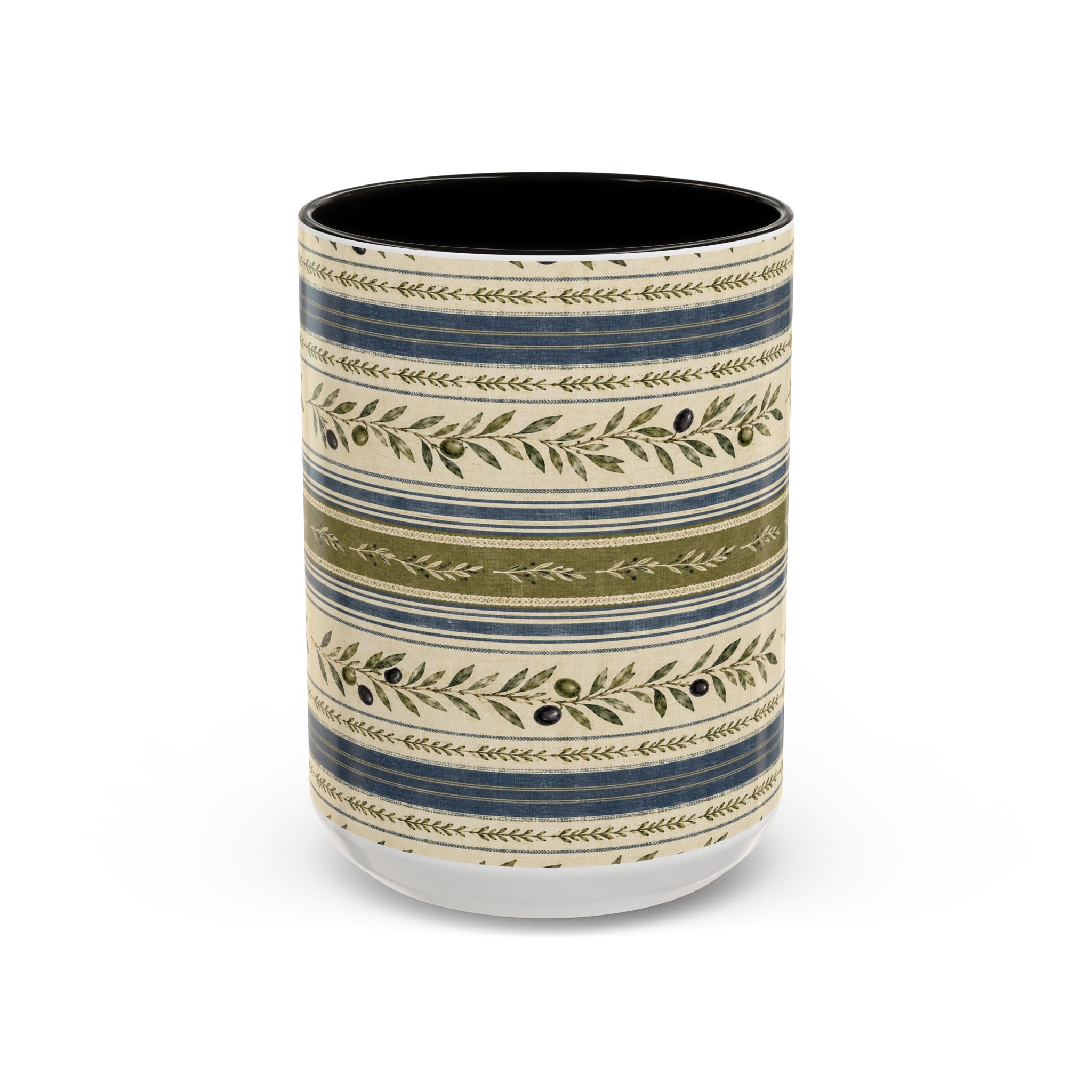 Botanical Stripe Ceramic Mug — Olive & Navy Patterned Coffee Cup (11oz/15oz) - Creations by Chris and Carlos