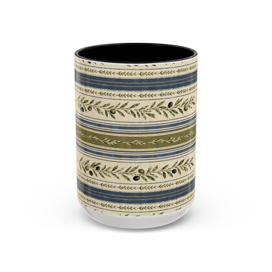 Botanical Stripe Ceramic Mug — Olive & Navy Patterned Coffee Cup (11oz/15oz) - Creations by Chris and Carlos