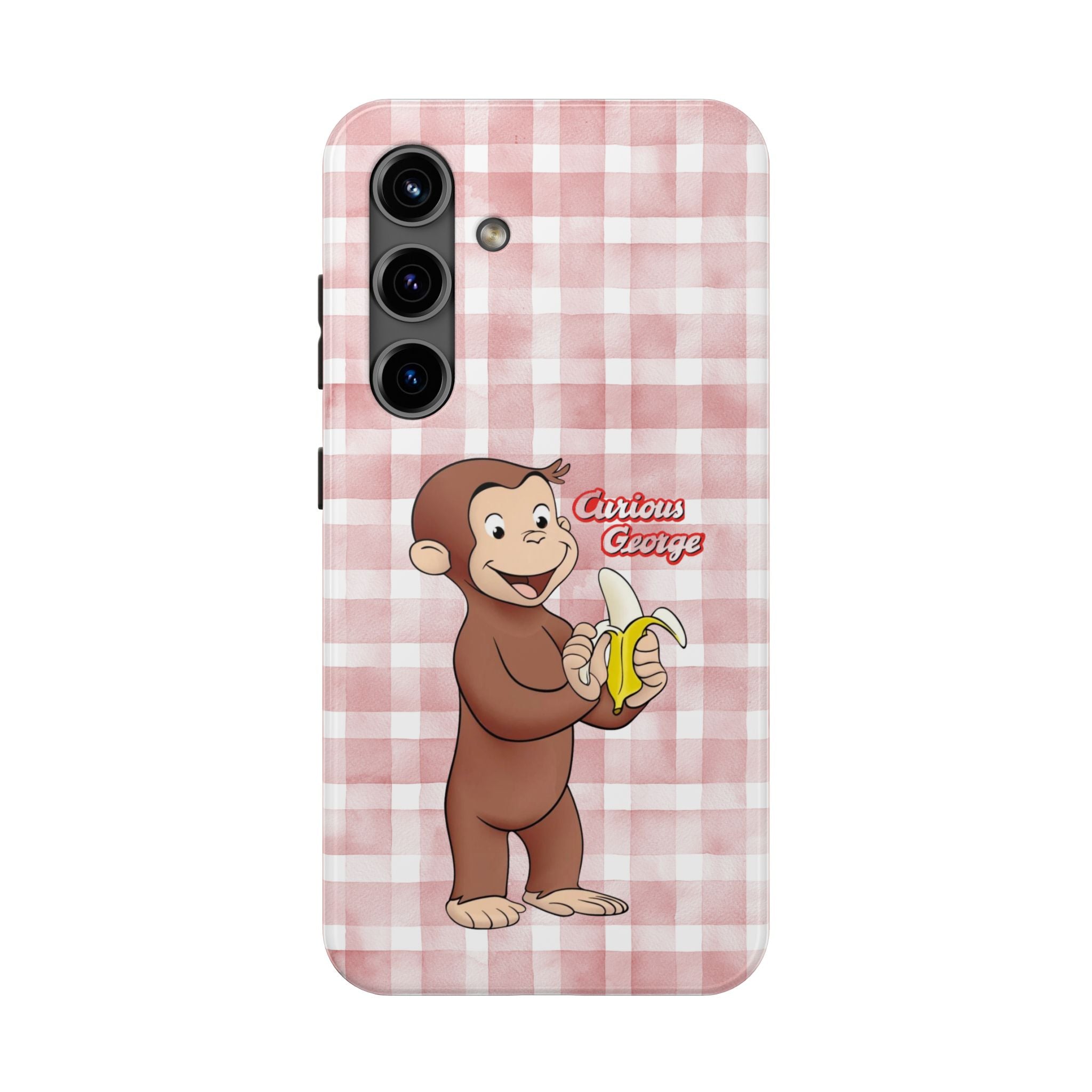 Curious George Banana Tough Phone Case — Cute Kids iPhone Cover, Pink Gingham Protective Case - Creations by Chris and Carlos