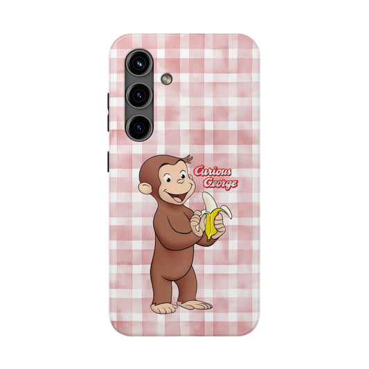 Curious George Banana Tough Phone Case — Cute Kids iPhone Cover, Pink Gingham Protective Case - Creations by Chris and Carlos