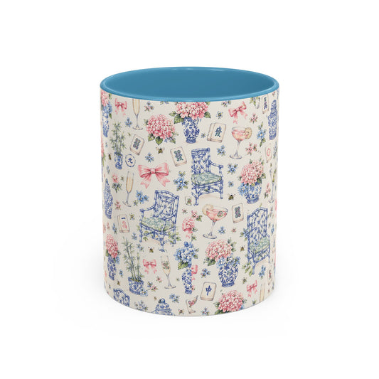 Floral Blue Chinoiserie Accent Coffee Mug — Pink Interior 11/15oz - Creations by Chris and Carlos