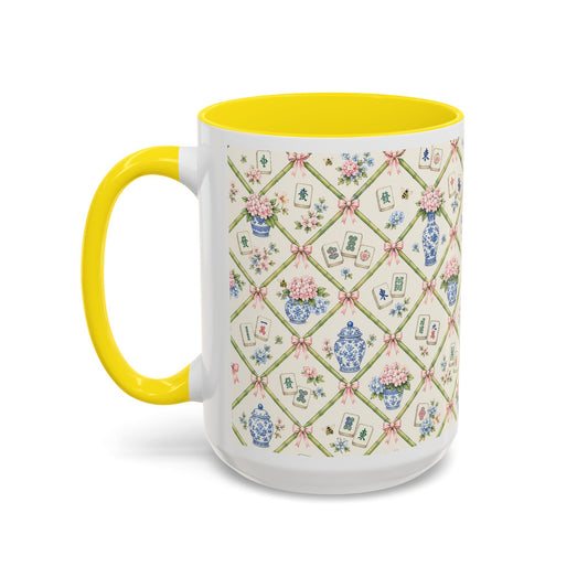 Floral Mahjong Accent Coffee Mug – Pink Interior & Handle, Vintage Chinoiserie Pattern - Creations by Chris and Carlos