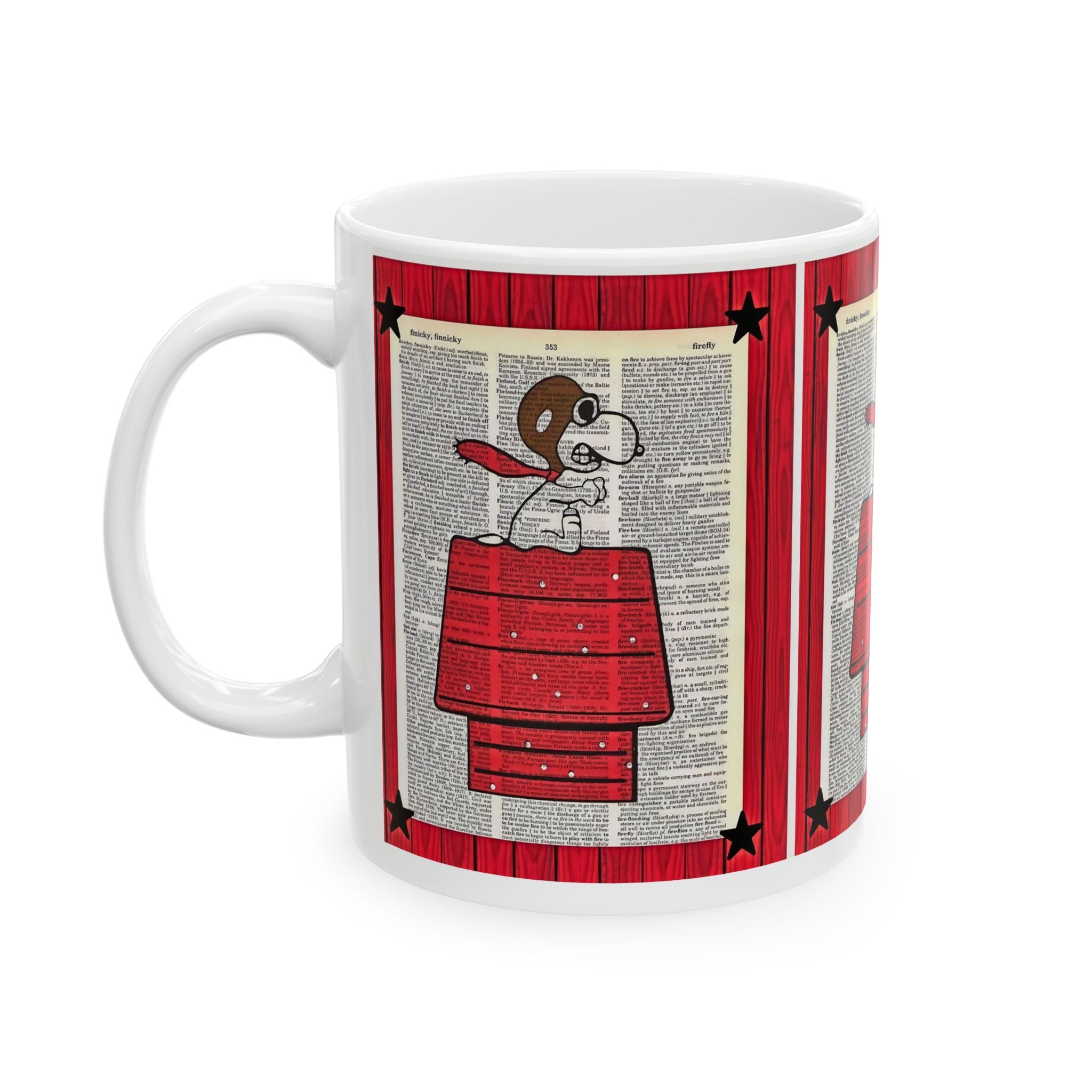 Vintage Snoopy Red Doghouse Ceramic Mug — Retro Dictionary Art Coffee Cup (11oz/15oz) - Creations by Chris and Carlos