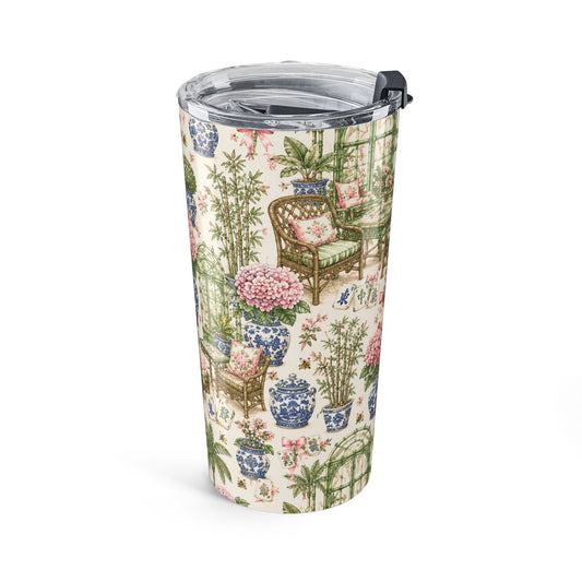 20oz Floral Garden Tumbler – Chinoiserie Hydrangea Patio Insulated Cup - Creations by Chris and Carlos