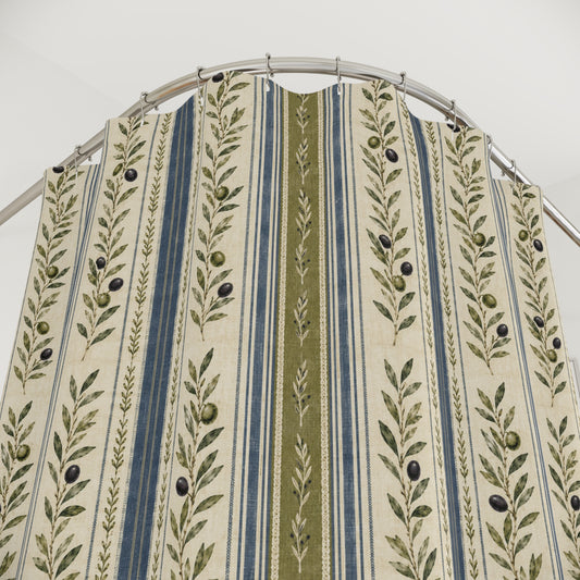 Shower Curtain - Olive Branch Stripe Vintage Farmhouse Bathroom Decor - Creations by Chris and Carlos