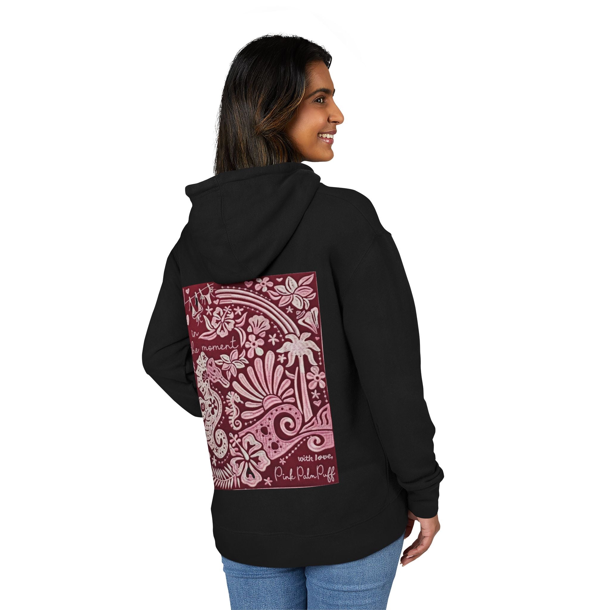 Coastal Bandana Art Hoodie — "Live in the Moment" Seahorse Design - Creations by Chris and Carlos