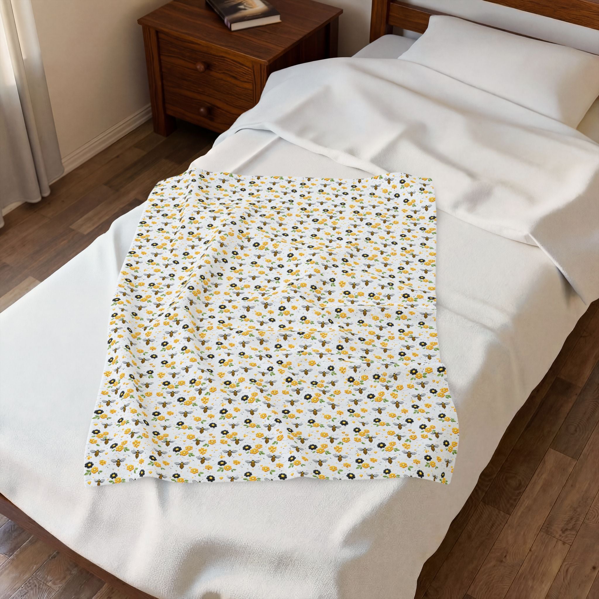 Bee & Sunflower Velveteen Plush Blanket — Cozy Floral Throw for Spring, Garden Lovers & Gift Giving - Creations by Chris and Carlos