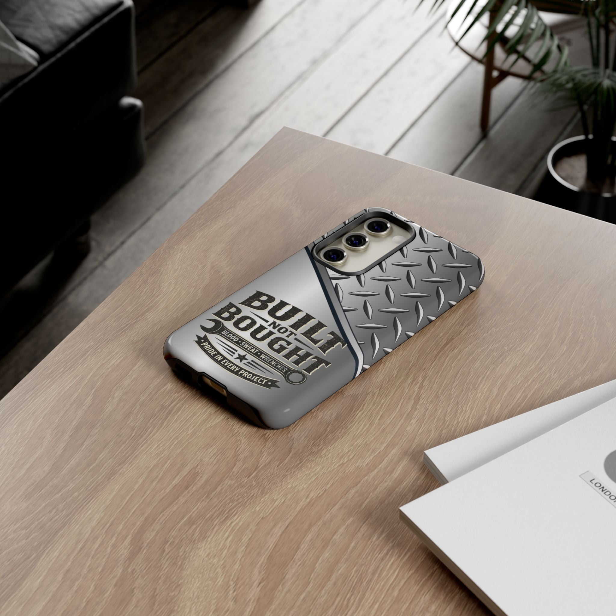 Built Not Bought Metal Diamond-Plate Phone Case — Rugged Tool Lover Gift - Creations by Chris and Carlos